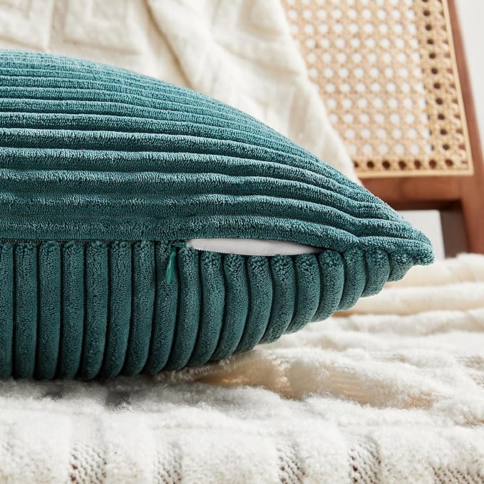 Fancy Homi 2 Packs Teal Lumbar Decorative Throw Pillow Covers 16x28 Inch for Living Room Couch Bed Sofa, Rustic Farmhouse Boho Home Decor, Soft Striped Corduroy Rectangle Accent Cushion Case 40x70 cm