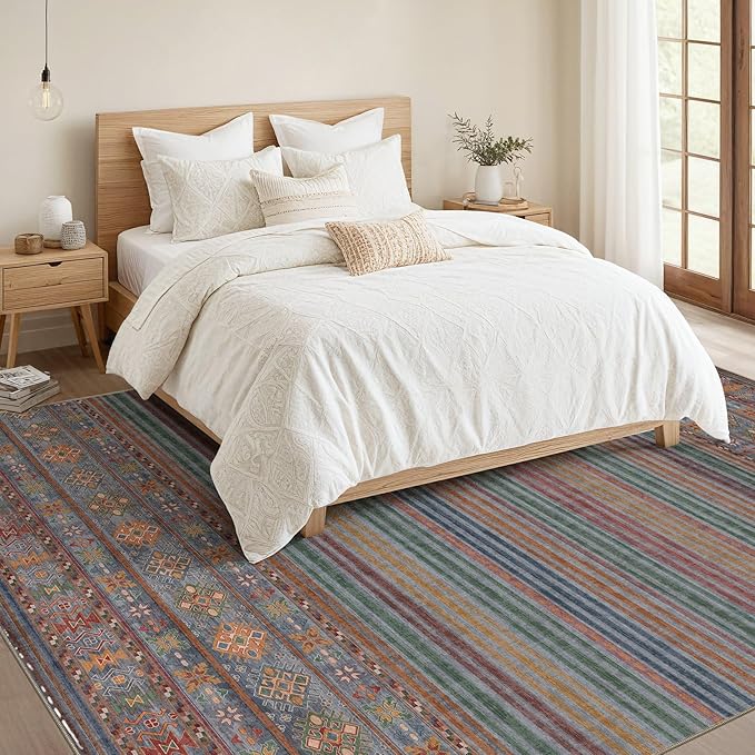 Nakagishi 5X7 Area Rugs Living Room: Washable Large Vintage Rug Neutral Non-Slip Soft Stain Resistant Indoor Carpet for Bedroom Nursery Dining Room Office Playroom - Multi Color