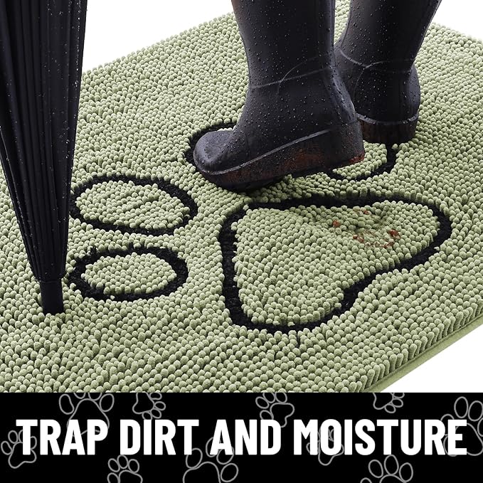 Smiry Dog Door Mat for Muddy Paws, Absorbent Dirt Trapper Non Slip Quick Dry Washable Chenille Mat for Mud Dogs, Entry Rug for Indoor and Outdoor (48x30 Inches, Sage Green and Black)