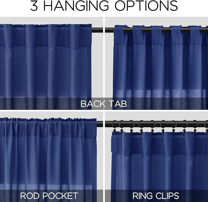 Classic Blue Linen Curtains 90 Inch Long 2 Panels Set for Bedroom Living Room Linen Textured Window Drapes Semi Sheer Light Filtering Rod Pocket Back Tab Cotton Textured Farmhouse Curtain 52x90