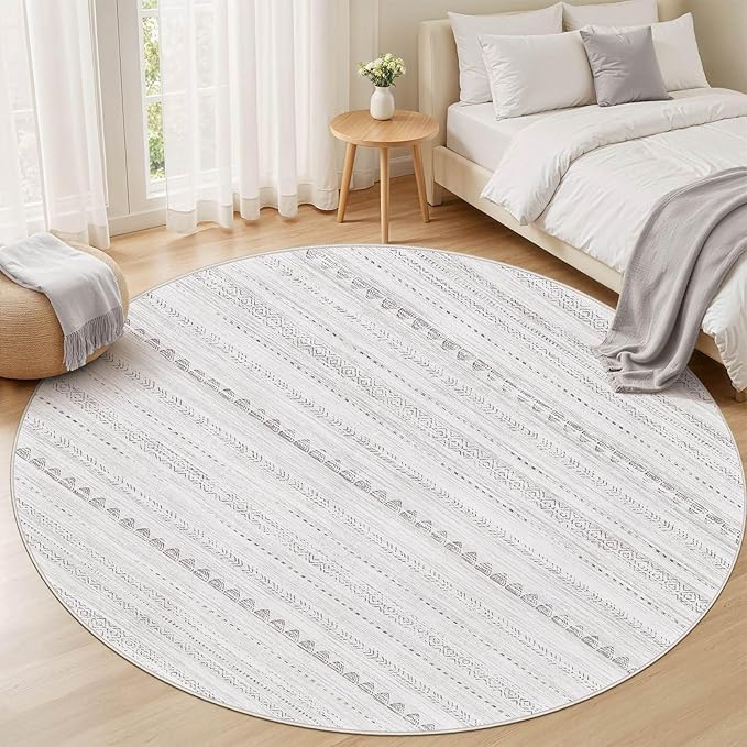Nakagishi Round Rug Boho Area Rugs: 4x4 Washable Large Circle Neutral Soft Stain Resistant Non-Slip Carpet for Women Aged 25-45 Farmhouse Decor Enthusiasts - Living Room Bedroom Dining Room Nursery