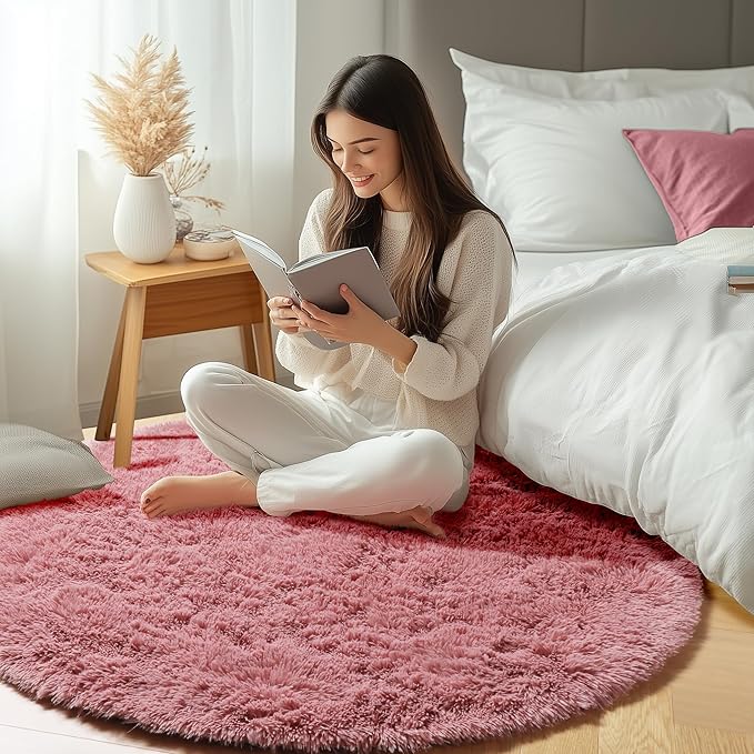 ONASAR Blush Round Area Rugs 4ft for Bedroom Living Room, Fluffy Circle Rug for Kids Girls Boys Teen, Soft Plush Shaggy Carpet for Nursery Dorm Classroom Playroom Home Decor Aesthetic