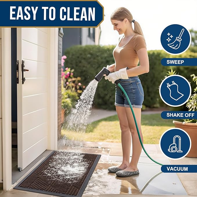 Smiry Front Door Mat Outside Entrance, Heavy Duty Sturdy Natural Rubber Doormat, Trap Dirt and Moisture, Easy Clean Low Profile Mats for Indoor Outdoor Entry, Irregular Triangle (29.5x17, Dark Brown)