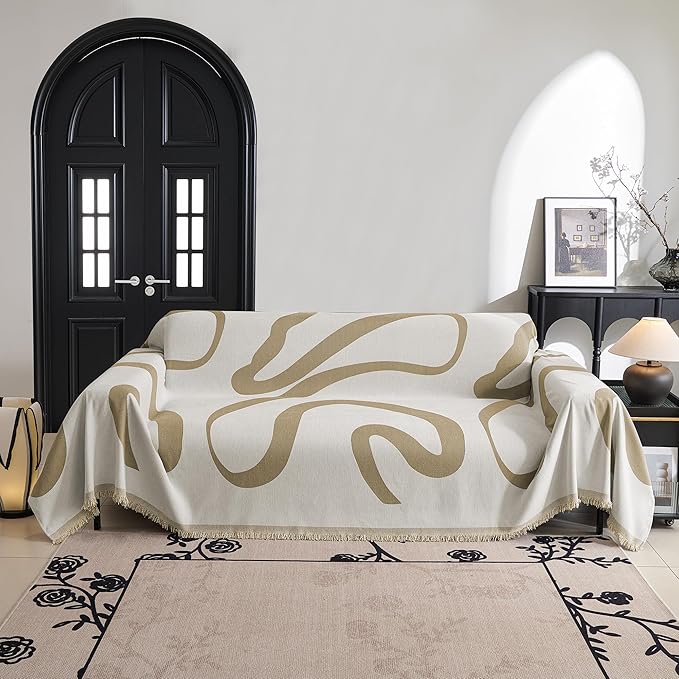 MYSKY HOME Boho Couch Cover Super Soft Couch Covers for 2-3 Cushion Couch Sofa, Modern Khaki Jacquard Sofa Slipcover Loveseat Futon Cover, Couch Covers for Sectional Sofa, 71" x 134", Khaki Curve