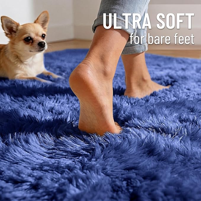 OLANLY Navy Blue Round Rugs for Bedroom - Machine Washable, 4 ft Circle Area Rugs for Living Room, Soft and Fluffy Shaggy Carpet for Teen Girls and Boys, Nursery Rooms, Dorms, Home Decor Aesthetic