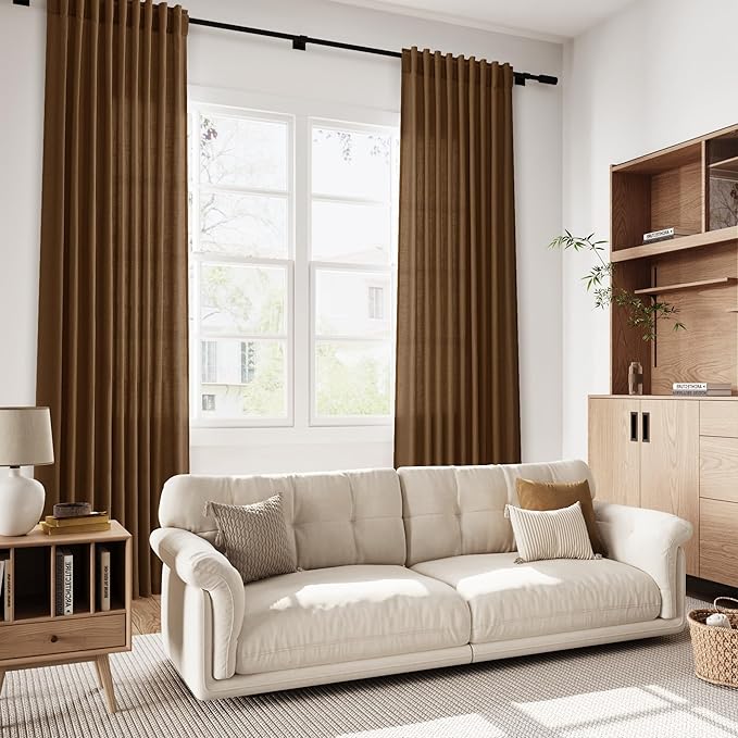 Tobacco Brown Linen Curtains 108 Inches for Living Room Bedroom Extra Long Back Tab Curtain Vintage Rustic Farmhouse Light Filtering Sheer Drapes Floor to Ceiling Curtain 52x108,2 Panels