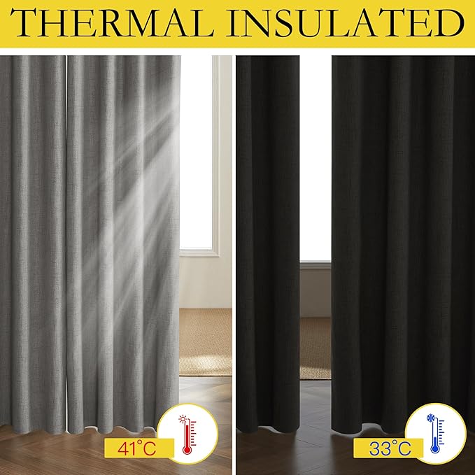NICETOWN Grizzle Gray Vintage Linen 100% Blackout Curtains for Kitchen, Thermal Insulated Curtains 63" Long, Noise Reducing Window Treatment Drapes for Dorm Room, 62" Wide Per Panel, Set of 2