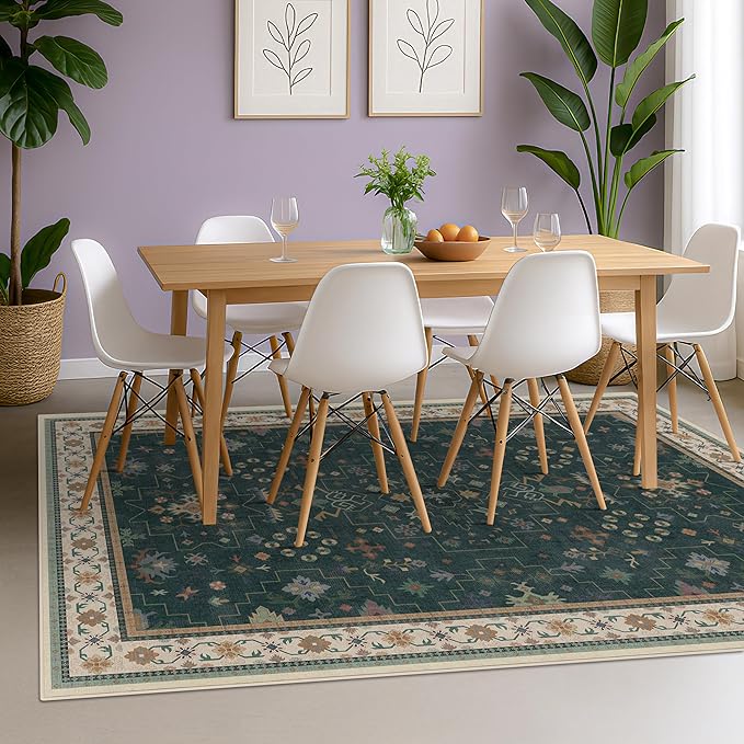 Hazo Haus Dark Green Oushak 5x8 Living Room Rug - Modern Vintage Boho Eclectic Floral Pastel, Washable Low Pile Non-Slip Large Area Rugs for Nursery Dining Under Table Bedroom Lounge