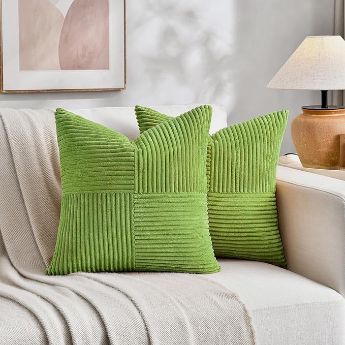 Fancy Homi Set of 2 Lime Green Decorative Throw Pillow Covers 22x22 Inch for Living Room Couch Bed Sofa, Farmhouse Boho Home Decor, Soft Cross Corduroy Patchwork Accent Square Cushion Case 55x55 cm