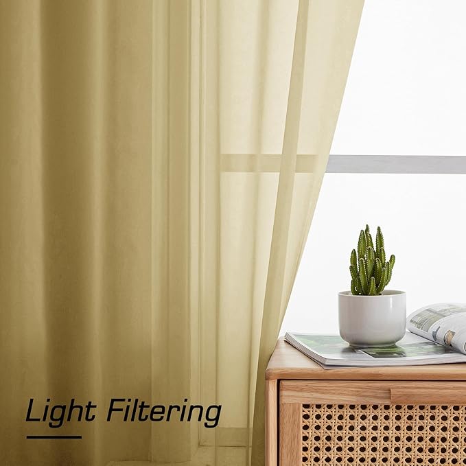 Simplebrand Gold Sheer Curtains 96 Inches Long, Light Filtering Rod Pocket Solid Color Window Sheer Curtain Panels, Elegant Curtains & Drapes for Living Room, Bedroom 2 Panels, 59" W x 96" L