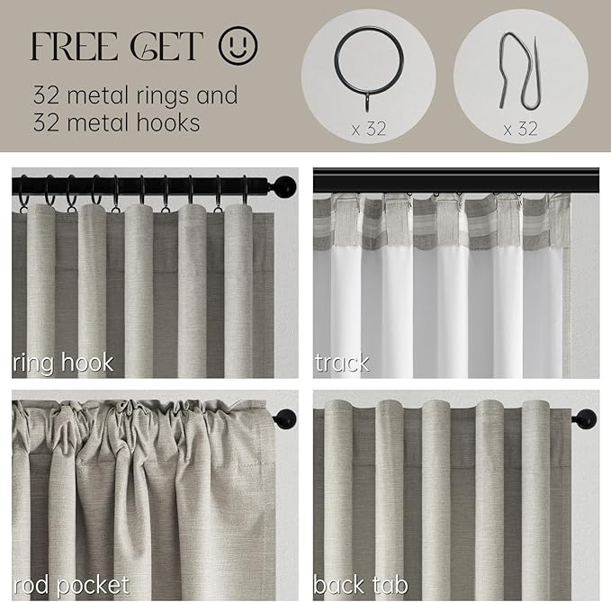 Topfinel 100% Blackout Grey Linen 96 Inch Length Curtains for Living Room 100% Blackout Pleated Drapes Noise Reducing Thermal Insulated Curtain Panels for Bedroom 2 Panels Flax Grey