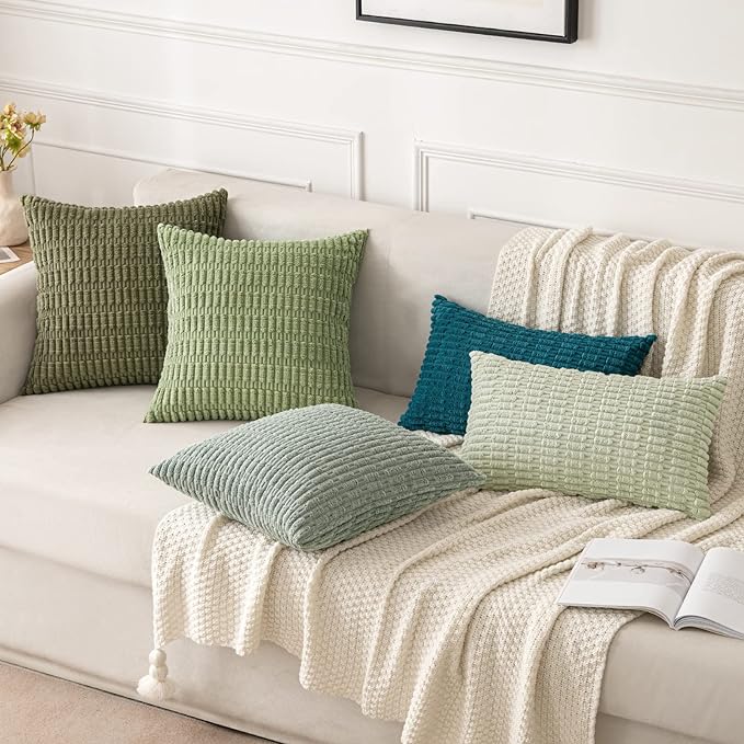 MIULEE Pack of 2 Spring Corduroy Decorative Euro Sham Throw Pillow Covers 24x24 Inch Soft Boho Striped Pillow Covers Modern Farmhouse Home Decor for Summer Sofa Living Room Couch Bed Olive Green