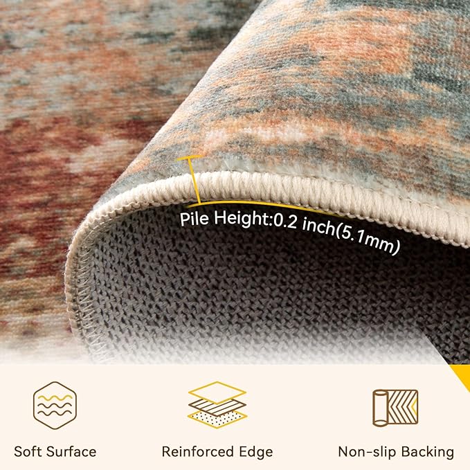 Washable Area Rugs 2'6'' x12 Non-Slip Modern Abstract Soft for Living Room Entryway Bedroom Nursery, Print Pattern, Brown Rust Red Green Blue Multi