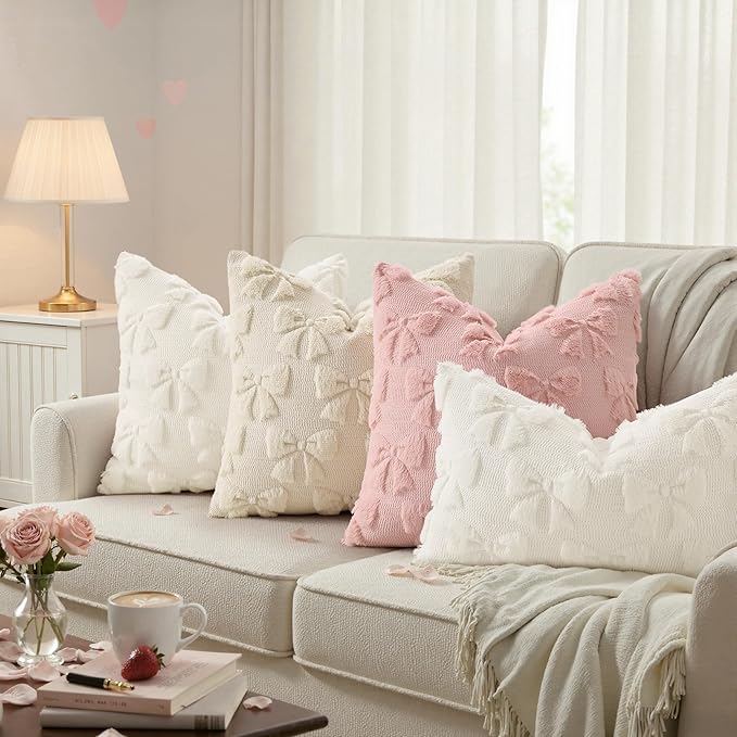 decorUhome Cream White Bow Pillow Covers Set of 2 Coquette Aesthetic Cute Preppy Plush Faux Pillowcases for Girly Bedroom or Couch 20x20 Inch