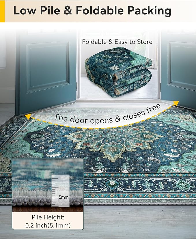 RELEANY Area Rugs 2'x10' Runner Rug Non Slip Washable for Kitchen Hallway Bedroom Beside Laundry Room Bathroom Rug, Floor Carpet, Teal Green Lake Blue Turquoise