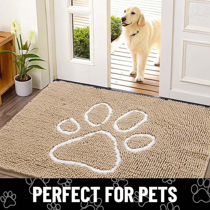 Smiry Dog Door Mat for Muddy Paws, Absorbent Dirt Trapper Non Slip Quick Dry Washable Chenille Mat for Mud Dogs, Entry Rug for Indoor and Outdoor (59x32 Inches, Beige and White)