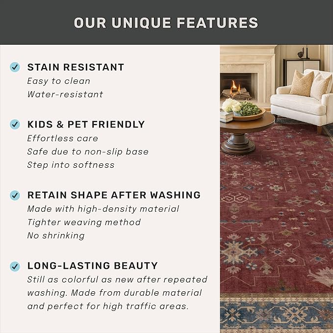 Hazo Haus Non Slip 10ft Long Hallway Runner Rug Burgundy - 2 x 10 Runner Rug, Washable & Waterproof 2x10 Kitchen Floor Mat - Oriental Turkish Dark Red Design Décor