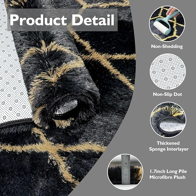 Shag Area Rug for Bedroom 5x8,Fluffy Area Rugs for Living Room,Geometric Soft Fuzzy Rug Non-Shedding Indoor Plush Carpet for Kids Bedroom Nursery Dorm Home Christmas,Black and Gold