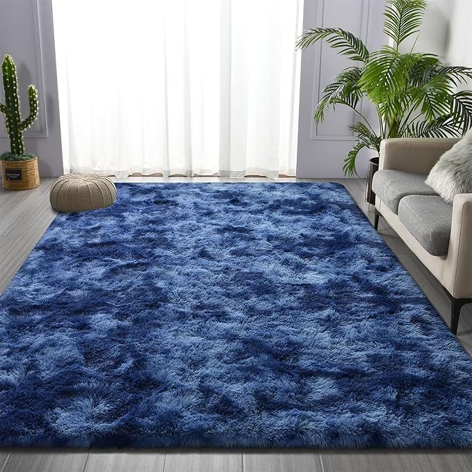 Deerhoo Large Shag Area Rugs 6 x 9, Plush Fuzzy Rugs for Living Room, Ultra Soft Fluffy Furry Rug for Bedroom, Indoor Carpet Nursery Rugs for Kids Room Home Decor, Tie-Dyed Navy Blue