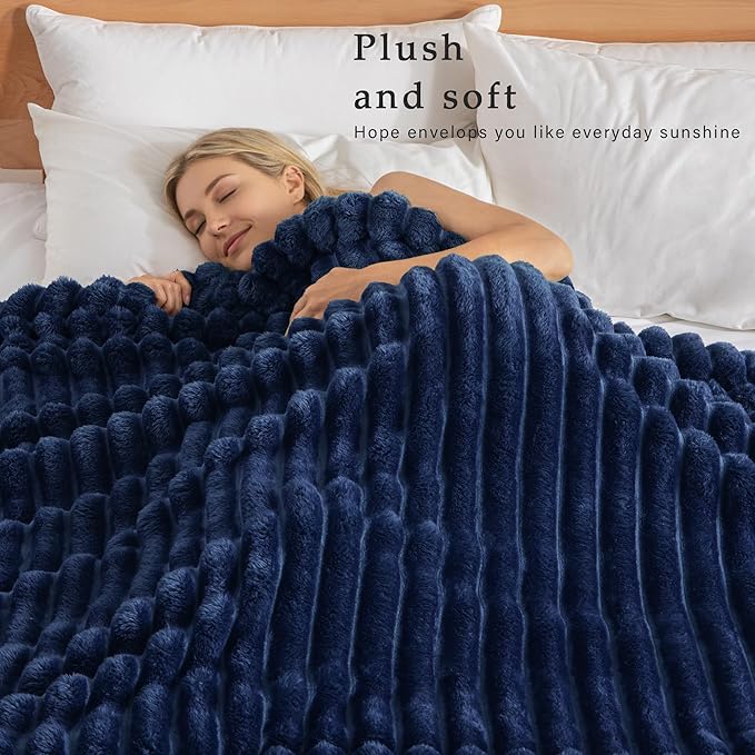 Exclusivo Mezcla King Size Flannel Fleece Blanket, Super Soft Striped Jacquard Bed Blanket, Lightweight Fuzzy Cozy for All Seasons, 90x104 Inches, Navy Blue