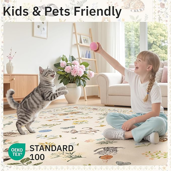 Cat 9x12 Area Rugs for Living Room, Machine Washable Animal Floral Vintage Rug Non-Slip Low Pile Soft Throw Large Rugs for Bedroom Dining Room Kitchen Nursery Playroom (9 x 12,Beige)