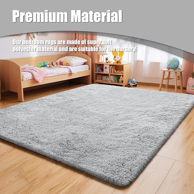 Ultra Soft Fluffy Area Rugs for Bedroom Living Room 10x14, Nursery Rug, Non-Slip Carpet for Kids Dorms Decor, Shaggy Bedside Rug, Light Grey