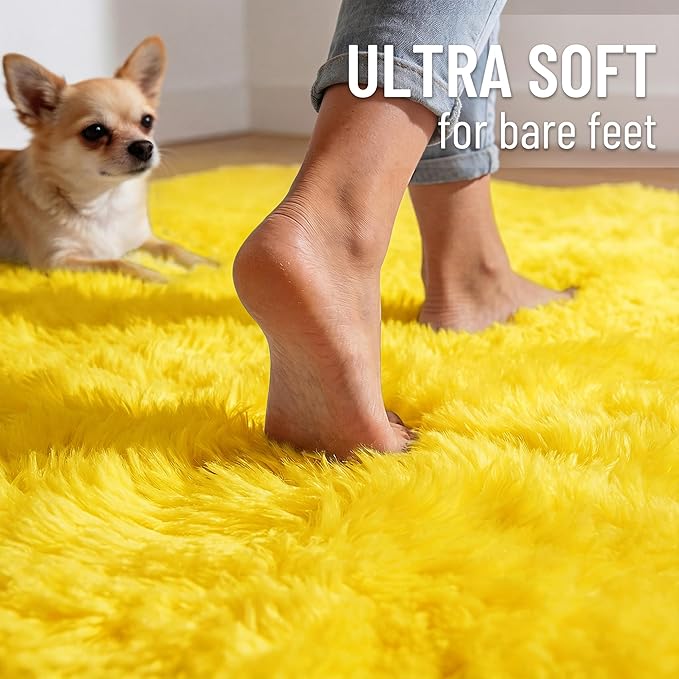 OLANLY 3x5 Machine Washable Small Bedside Rug, Soft Fluffy Shaggy Rugs for Living Room, Bedroom, Indoor Floor Carpet for Kids Girls and Boys, Preppy Dorms, Nursery, Home Decor Aesthetic, Yellow