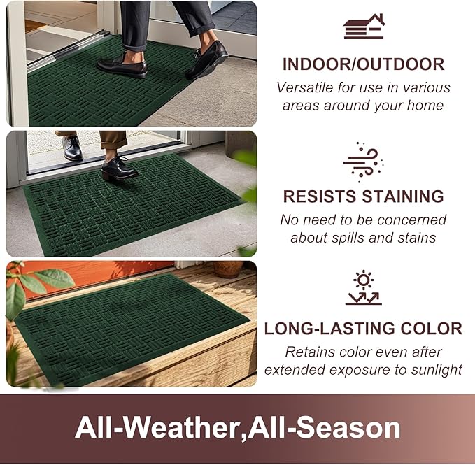 Mibao Front Door Mat Indoor Outdoor Entrance, Dirt Trapping Waterproof All-Season, All-Weather Doormat, Non-Slip Durable Natural Rubber Low Profile Easy Clean Patio Entrance Mat, 61.5" x 36", Green