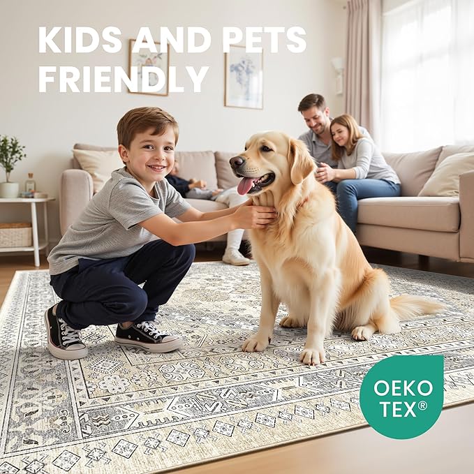zesthome 5x8 Area Rugs - Ultra-Thin Washble Rug, Stain Resistant Anti Slip Backing Rugs for Living Room,Bedroom, Vintage Home Decor Area Rug (Beige,5'x8')