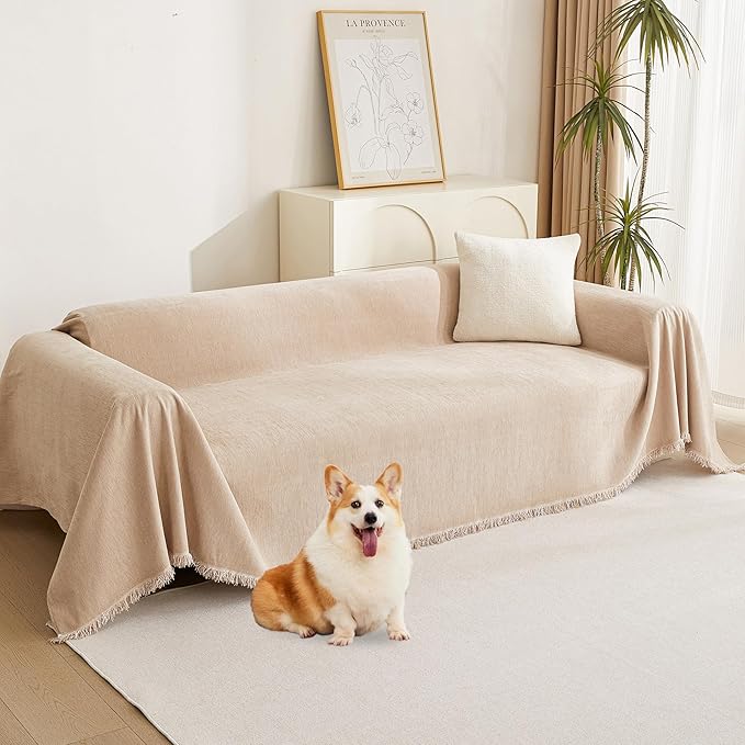 MYSKY HOME Couch Cover 2 Cushion Sofa with Tassel Chenille Sofa Covers for 2 Cushion Couch Sofa Slipcovers for Sectional l Shaped Couch Dogs Protector Furniture Covers, 71" X 118", Khaki