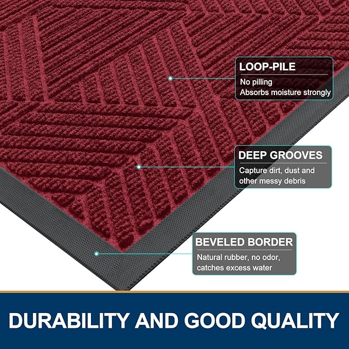 Smiry Front Door Mat Outside Entrance, Heavy Duty Sturdy Natural Rubber Doormat, Trap Dirt and Moisture, Easy Clean Low Profile Mats for Indoor Outdoor Entry, Irregular Triangle (29.5x17, Wine Red)