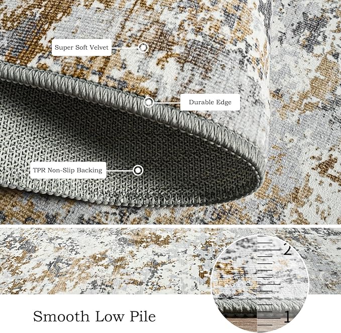 Toneed Abstract Area Rug Modern Washable Rug Soft Non Slip Rug Low Pile for Bedroom Living Room Dining Room Brown Grey Gold 3x5 Feet