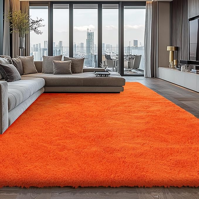 Orange Shag Area Rugs for Bedroom Living Room,8X10 Ultra Soft Fluffy Area Rugs for Dorm,Indoor Carpet Nursery Rugs for Kids Girls Room Home Halloween Decor