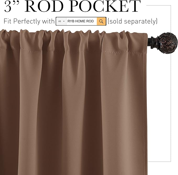 RYB HOME Short Blackout Curtains for Small Window, Sunmmer Heat Light Blocking Privacy Protection Curtains for Sunroom Laundry Room Stair Window, Width 52 by Length 36, Mocha, Set of 2