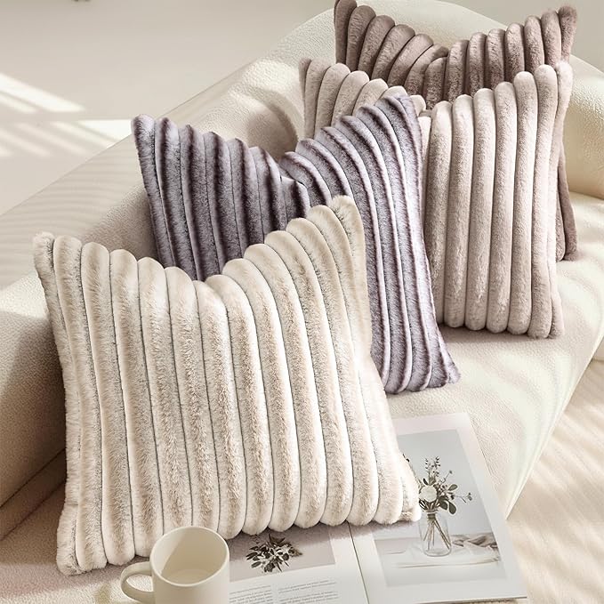 decorUhome Cozy Faux Fur Throw Pillow Covers 16x16 Set of 2 Decorative Soft Plush Striped Modern Farmhouse Boho Couch Pillow Cases with Velvet Back for Sofa Bed Living Room, Tan
