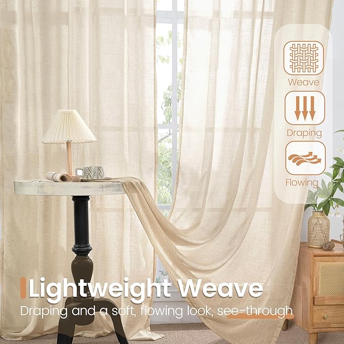 BGment 40 Inch Length Burlap Linen Curtains for Kitchen Window - Short Semi Sheer Drapes Natural Light Filtering with Rod Pocket for Cafe Bathroom Bedroom Lightweight, 2 Panels Set, 42 X 40 Inch