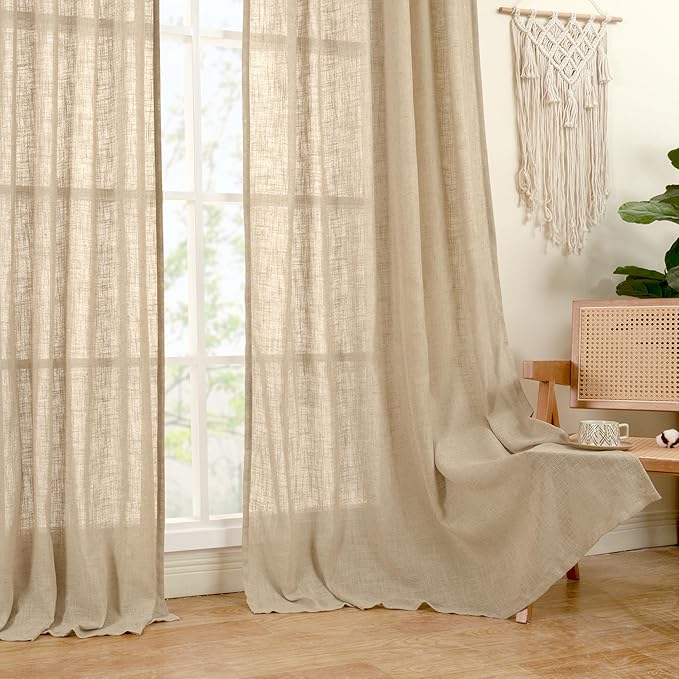 LAMIT Brown Linen Curtains 45 Inches Long 2 Panels, Light Filtering Panels Back Tab and Rod Pocket Neutral Drapes for Kitchen/Window/Bedroom, 52 x 45 Inch