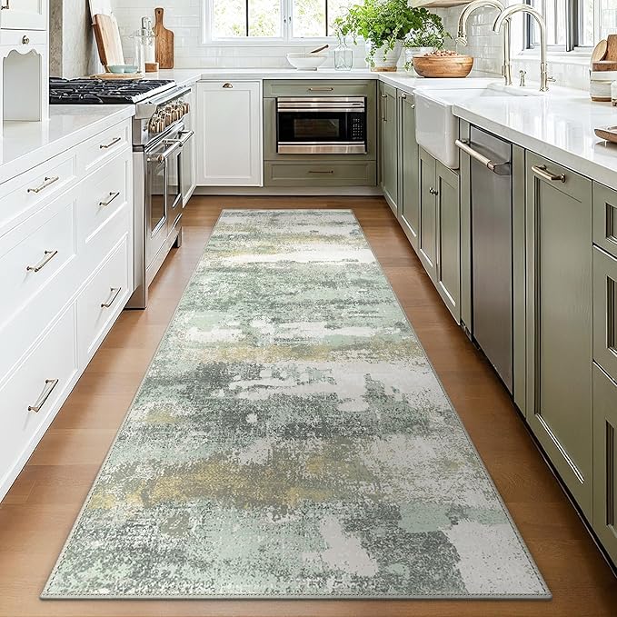 BEIMO Runner Rug for Hallway Kitchen, 2x6 Machine Washable Runners Rug for Entryway, Light Green Soft Modern Abstract Throw Rugs, Low Pile Floor Carpet with Non Slip Backing
