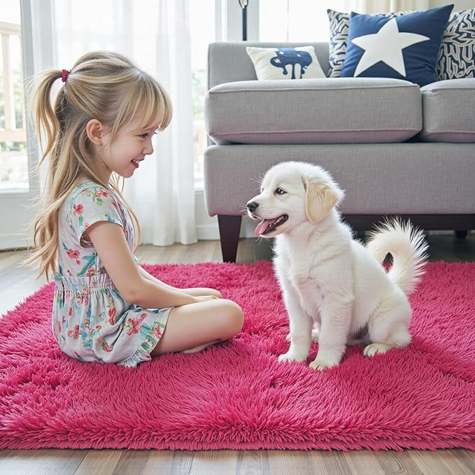 Area Rugs 9x12 Living Room, Shaggy Carpet Soft Plush Furry Bedside Rug Large Area Rugs for Bedroom Kids Girls Boys Home Decor Anti Slip(9 x 12, Hot Pink)