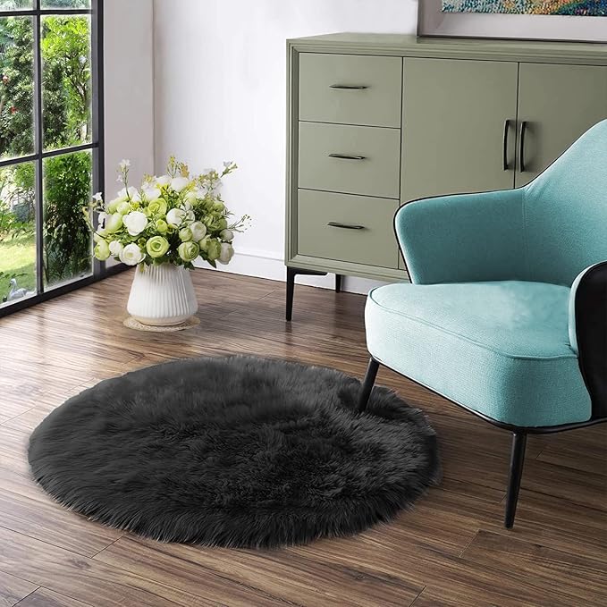 Latepis Black Shag Round Rug 5ft Washable Shaggy Circle Rugs Faux Fur Fuzzy Throw Rug for Living Room Bedroom Dorm Large Rugs Room Decor