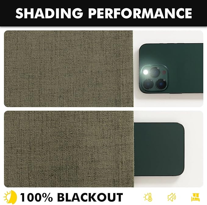 MIULEE 100% Blackout Linen Curtains for Bedroom, Light Olive Green Solid Luxury Decor Thermal Insulation Room Darkening Drapes for Living Room Nursery Back Tab Rod Pocket 42 x 84 Inches, 2 Panels