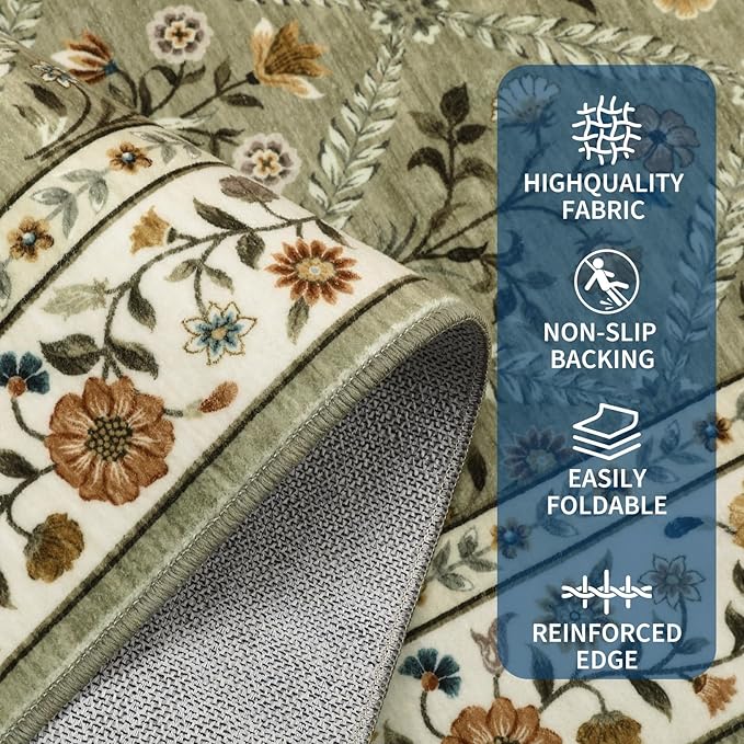 Washable Kitchen Rugs Non Slip 2x6 Hallway Runner Rug Stain Resistant Low Pile Floral Floor Rug with Rubber Backing Non Shedding Runners for Indoor Entryway Bedside Bedroom Farmhouse RV Green