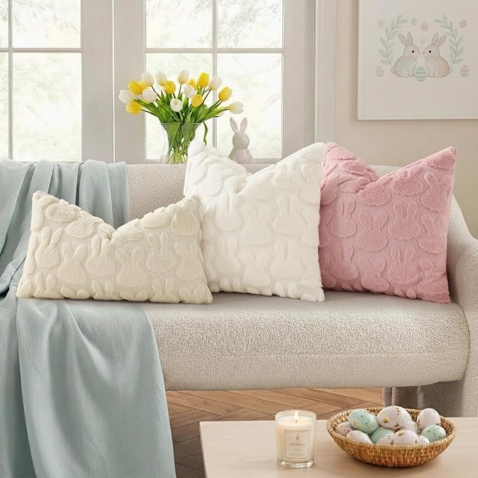 decorUhome Easter Bunny Pillow Covers 20x20 Inch Set of 2, Soft Plush Faux Wool Jacquard Pink Rabbit Cushion Covers, Farmhouse Neutral Spring Easter Holiday Decor for Couch Sofa Bed