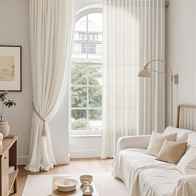 Nanspring Natural Linen Curtains 102 Inches Long for Living Room Rustic Light Filtering Semi Sheer Curtains Back Tab and Rod Pocket Farmhouse Decor Curtain for Bedroom Office 52x102, 2 Panels