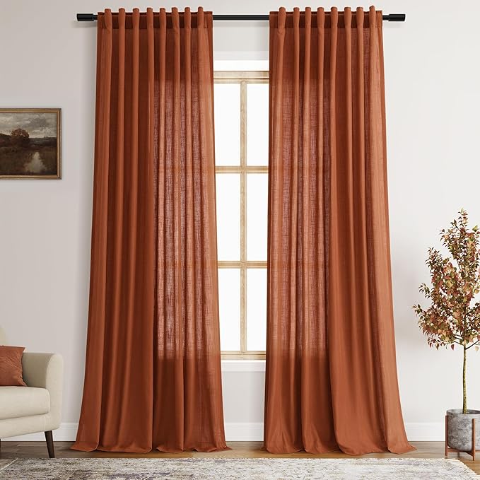 Nanspring Extra Long Linen Curtains 108 Inches Long 2 Panel Set Back Tab Terracotta Boho Rustic Farmhouse Curtain for Living Room Semi Sheer Floor to Ceiling High Window for Bedroom Office 60x108