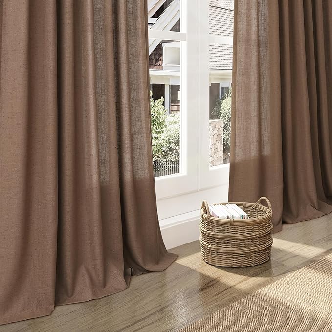 Nanspring Caramel Brown Linen Curtains 63 Inches Length 2 Panels Set for Living Room Back Tab Pocket Light Filtering Semi Sheer Drapes Elegant Farmhouse Cotton Linen Textured Window Curtain 52X63