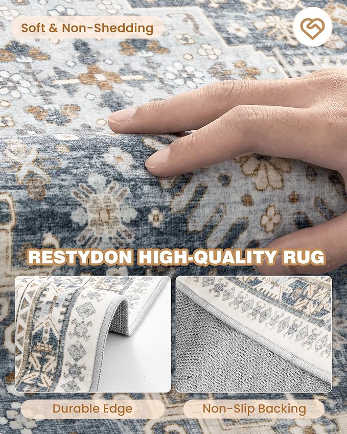 3x5 Washable Area Rug for Entryway, Kitchen Rugs Non Slip for Dining Room, Vintage Floral Soft Living Room Rug, Thin Area Rug Indoor for Bedroom, Kids Room Decor(Blue/Beige,3'x5')