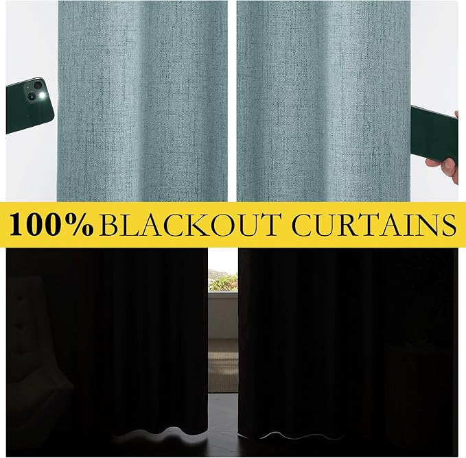 NICETOWN 100% Absolutely Blackout Linen Curtains with Thermal Insulated Liner, Skylark Blue, 42" Wide, 90" Length Energy Saving Curtains for Living Room 2 Panels Set, Vertical Blinds