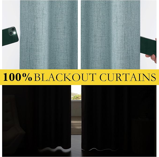 NICETOWN 100% Absolutely Blackout Linen Curtains with Thermal Insulated Liner, Skylark Blue, 62" Wide, 72" Length Energy Saving Curtains for Playroom 2 Panels Set, Vertical Blinds