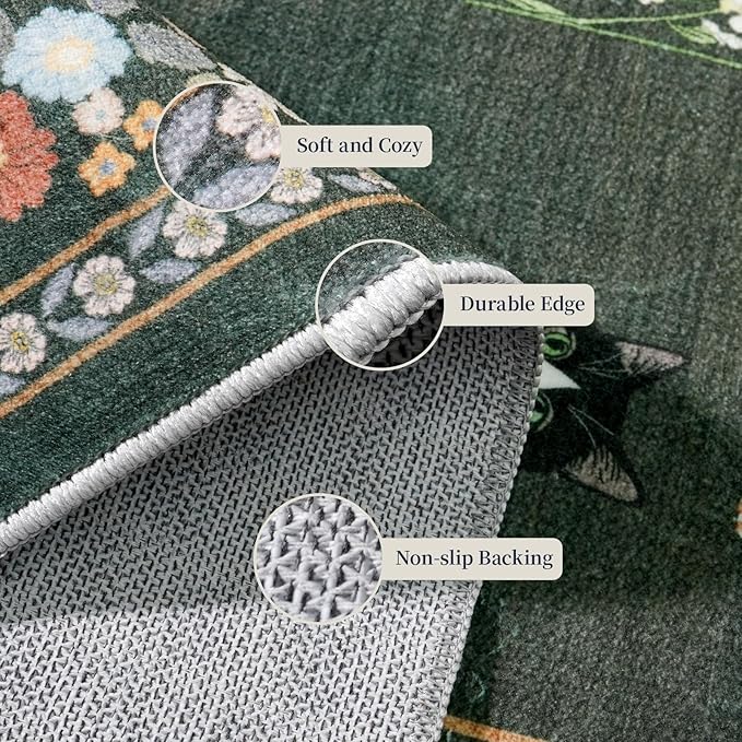 2x5 Washable Kitchen Runner Rug - Soft Low Pile Floral Animal Cat Print Rugs with Non-Slip Backing Waterproof Stain-Resistant Indoor Carpet for Hallway Entryway Bathroom Bedroom (Sage Green)